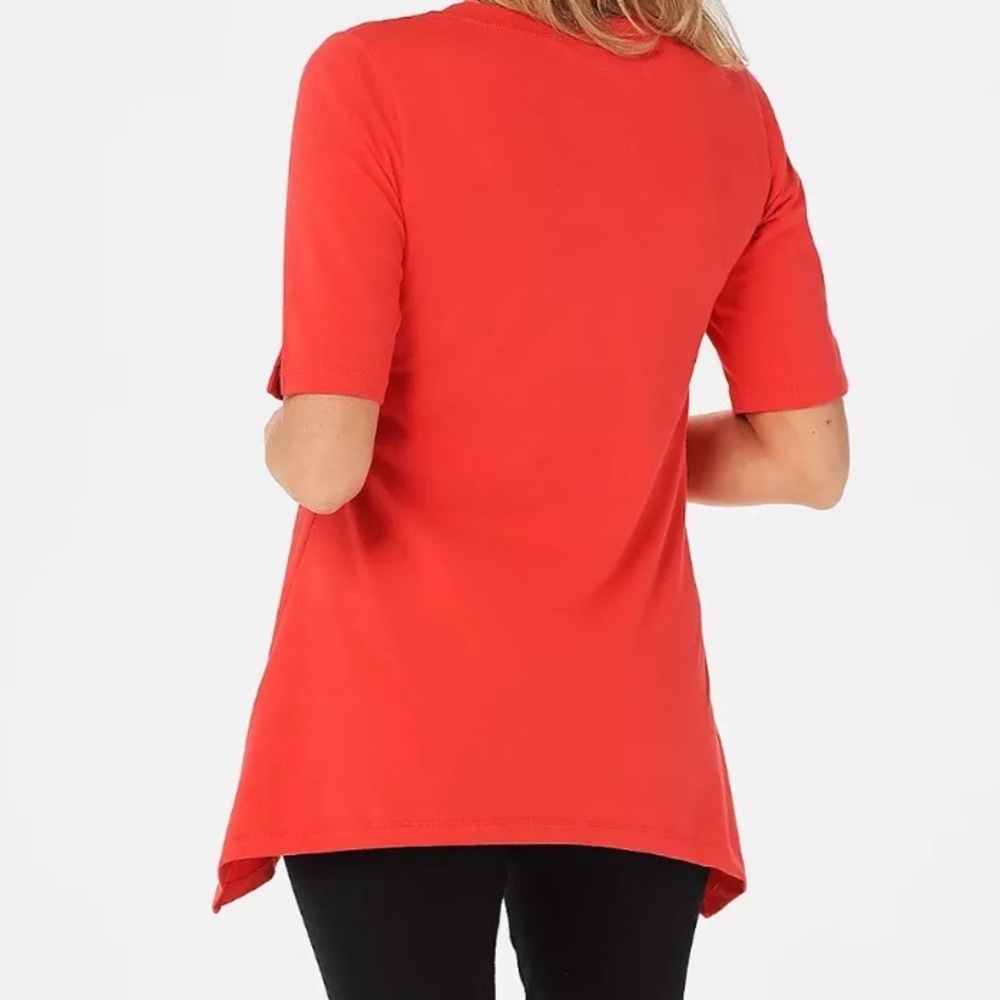 Denim & Co. Sz Large Perfect Jersey Melon V-neck Trapeze Hem Top Cotton/Spandex - Picture 3 of 9
